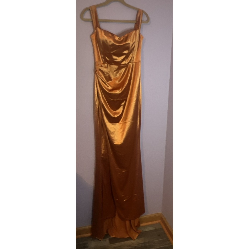 Love & Lemonade Orange Copper Satin Corset Slit Maxi Dress Formal Gown Large New